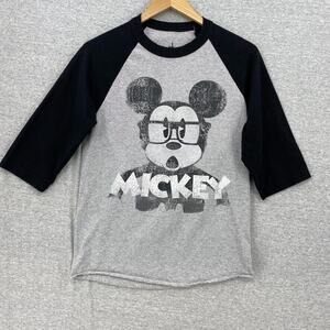 Disney Parks T-Shirt Womens Small Gray Black Mickey Mouse Glasses Raglan Sleeve